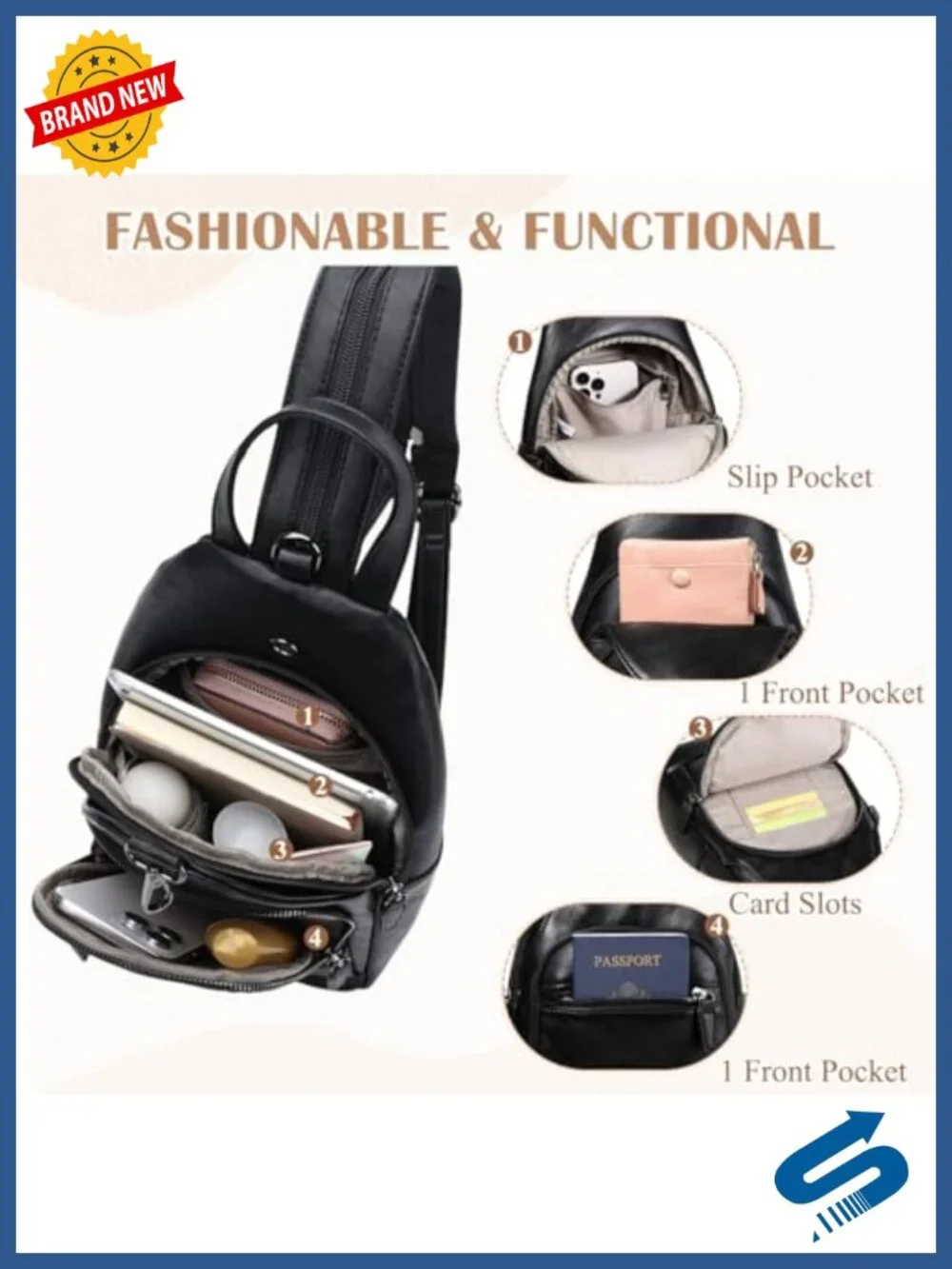 Convertible Sling Backpack Anti Theft Crossbody PU Leather Daypack